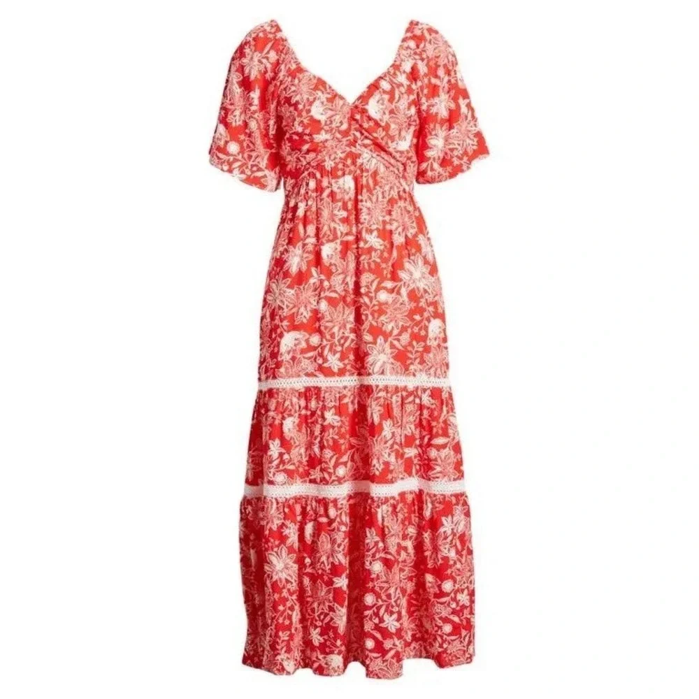 NWT Adelyn Rae Red Floral Tiered Maxi Dress Sz L Tropical Resort Vacation Boho - Picture 5 of 13